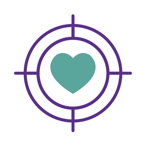 A purple and green target + love heart graphic icon representing 'Our Mission'