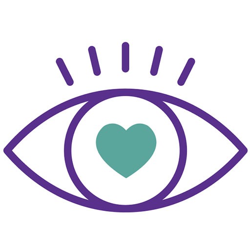 A purple and green eye + love heart graphic icon representing 'Our Vision'