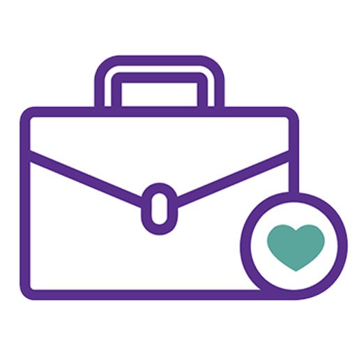 A purple and green briefcase + love heart graphic icon that represents 'Work'